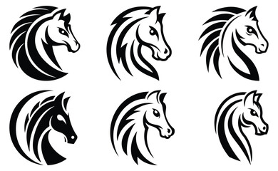 Stylized Horse Vector Heads Logos in Black and White Silhouettes Illustration