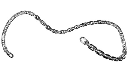 A silver chain gracefully curves across a transparent background, highlighting its intricate links and reflective surface for jewelry or security themes.