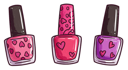 Cheerful hand-drawn crayon collection of nail polish tubes in pink, raspberry, and purple — colorful doodle naive kids style on transparent background for beauty stores and cosmetic websites

