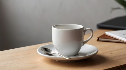 Taza blanca vacía sobre plato con cuchara