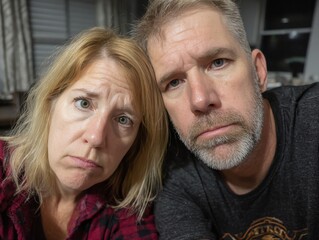Solemn Expressions: A candid portrait of a couple, their faces etched with a palpable sadness and thoughtful expressions, offering a raw glimpse into shared emotion. 
