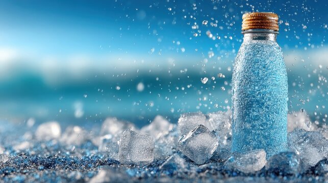 Cold water bottle with condensation and ice cubes - Powered by Adobe