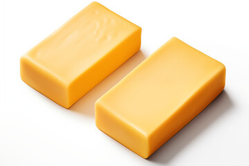 Two blocks of cheddar cheese sit on a white surface, ready to be enjoyed on white background