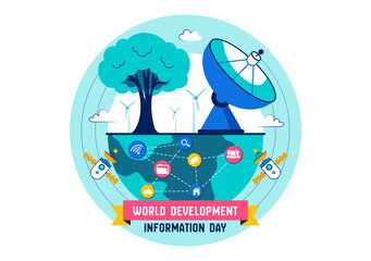 World Development Information Day Illustration on October 24 Featuring Telecommunications and Society to Mobilize Public Opinion in a Background