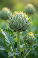 Artichoke plant with multiple unopened buds in a green garden, close-up in natural light. For gardening guides, seed catalogs, food blogs, and eco lifestyle publications.