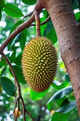 Durian fruit on the tree in tropical forest, sharp prickly peel close-up, natural light and green leaves.Great for packaging, farm products visualization, exotic food blogs, eco posters.