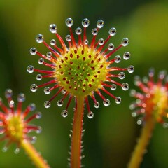 Sundew plant macro showing red tentacles and sparkling dewdrops on green background. Ideal for botany books, science posters, biology apps, and nature blogs.