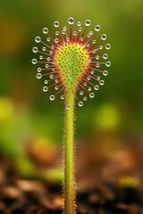 Sundew plant close-up with red tentacles and glistening droplets on a green background. Great for science visuals, textbooks, educational posters, apps, and ecology blogs.