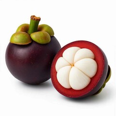 Mangosteen fruit isolated on a white background, whole and halved to show juicy white pulp and vibrant purple rind. Use for food packaging, ads, menus, tropical product labels.
