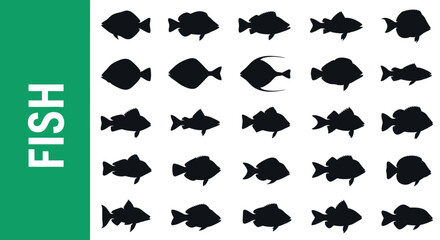 Naklejka premium A collection of 25 Fish-related editable Silhouette.