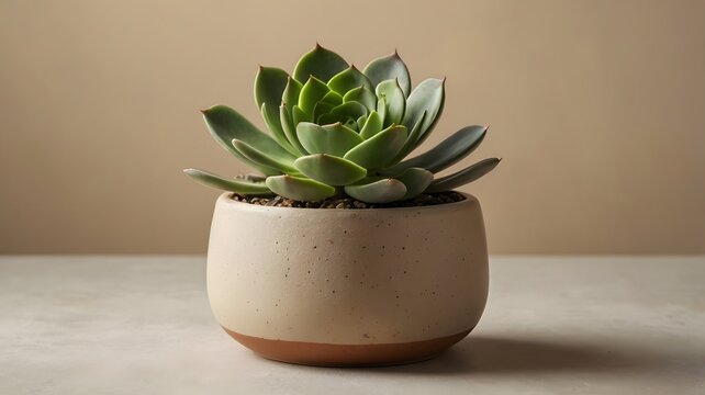 Suculenta en maceta beige sobre fondo neutro