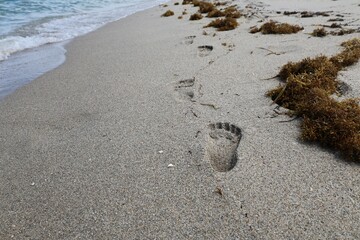 chain of footprints on the beach