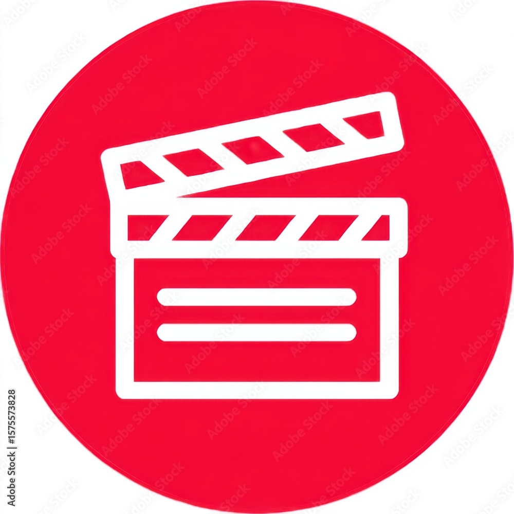 Poster white-outlined clapperboard icon centered on solid red circular background with classic open top, re