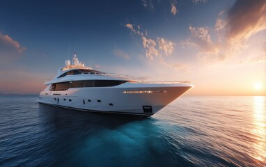 Private luxury yacht cruising during golden sunset on the open sea, ideal for promoting tropical travel, elegant leisure escapes, and high-end summer lifestyle branding