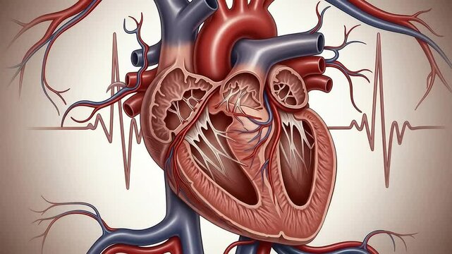 Detailed anatomical illustration of a human heart with veins, arteries, and an EKG line.