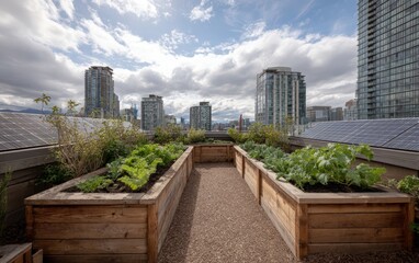 Fototapeta premium An urban rooftop garden with raised beds, compost bins, and solar panels under bright midday light showcases eco-friendly city living and modern urban farming.