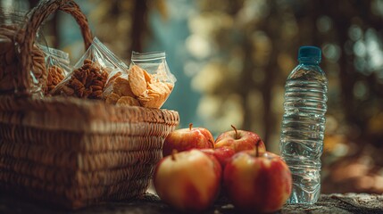 Basket with apples and trail snacks beside water bottle