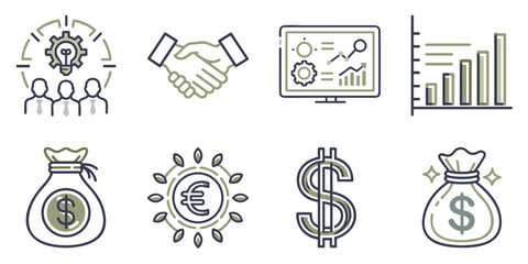 Investment icon set for finance blogs, business strategy websites, and economic presentations