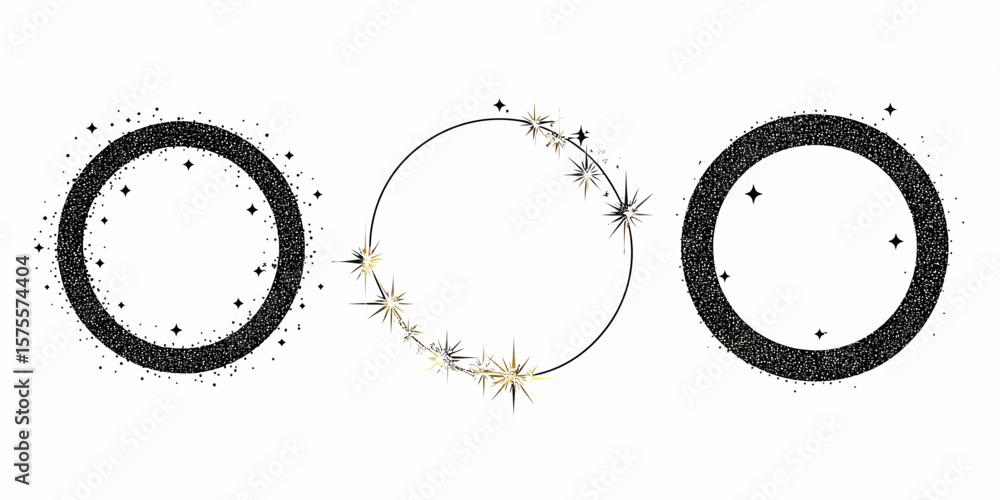 Poster Set of three circular starry sparkle frames with glitter texture and minimalist cosmic wreath borders for decorative design elements and party invitations