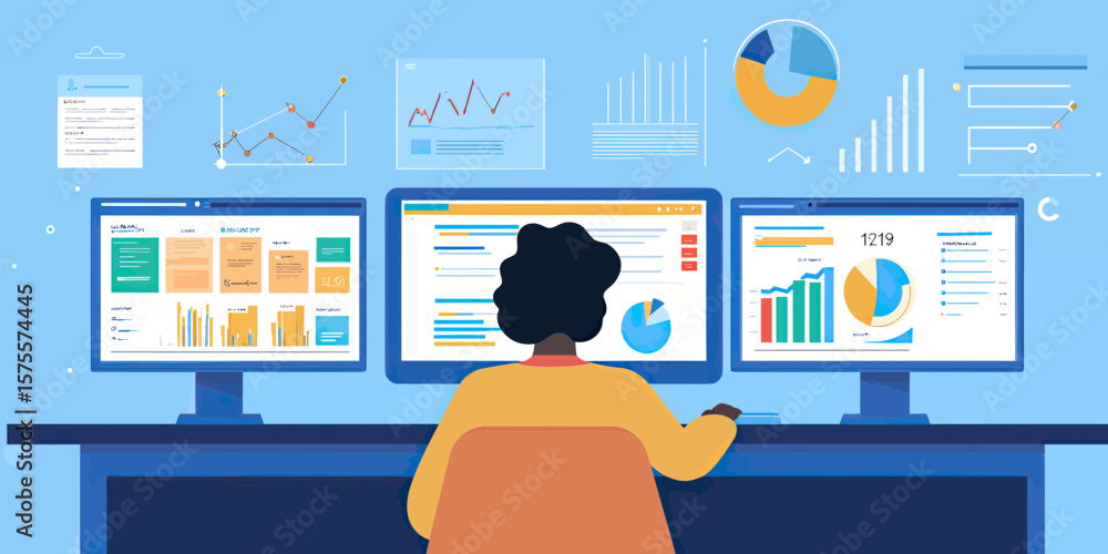 Poster business analytics dashboard with financial graphs, charts, pie diagrams on triple computer monitors