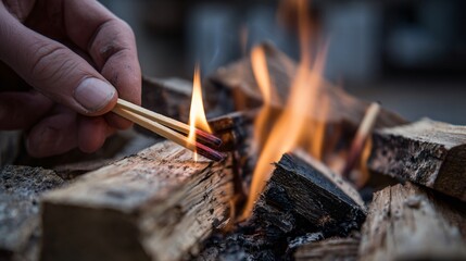 Close-up of hand lighting match near firewood