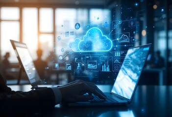 Silhouette of a hand typing on laptop with floating holographic cloud computing dashboard