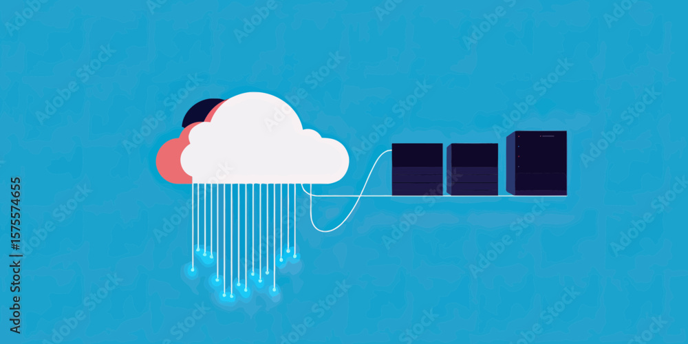 Poster cloud storage data transfer to server racks with glowing digital rain network connection and futuris