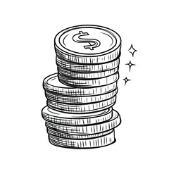 Hand drawn stack of dollar coins sketch with shining sparkle marks finance wealth investment savings concept minimalist line art vector illustration