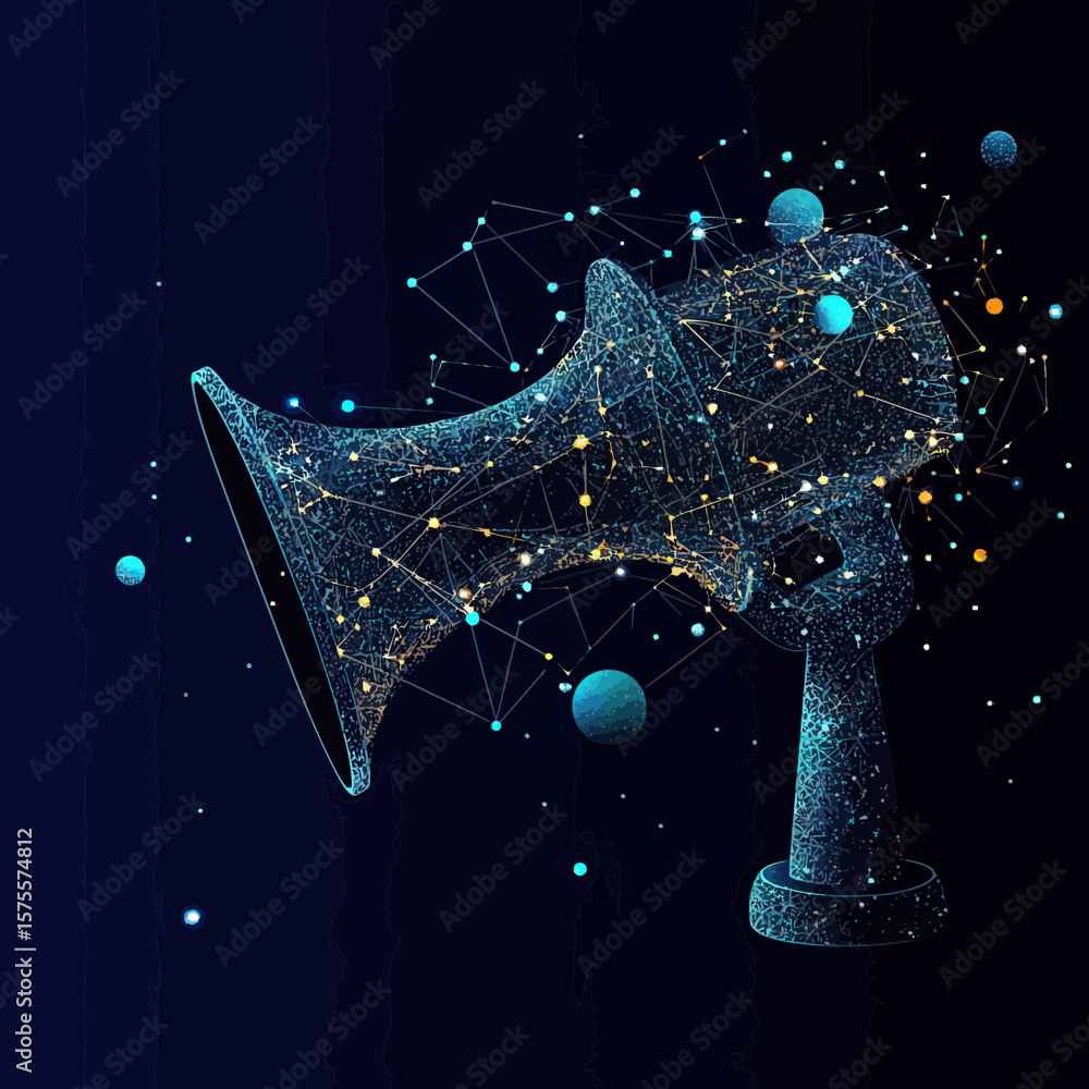 Poster futuristic digital loudspeaker made of interconnected glowing points and lines with abstract network