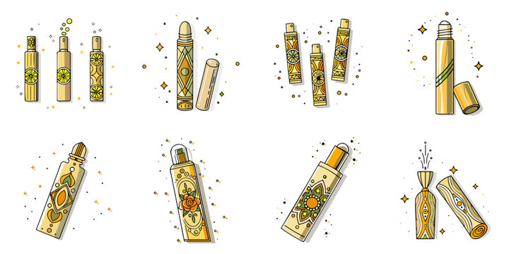 Spray, bottles, rollers, lipstick icon set for beauty blogs, cosmetic websites, and skincare product presentations