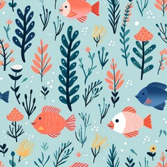 Fototapeta premium Cute fish and colorful seaweed in a seamless underwater pattern. Fun cartoon ocean life for nursery decor and textile design for kid.