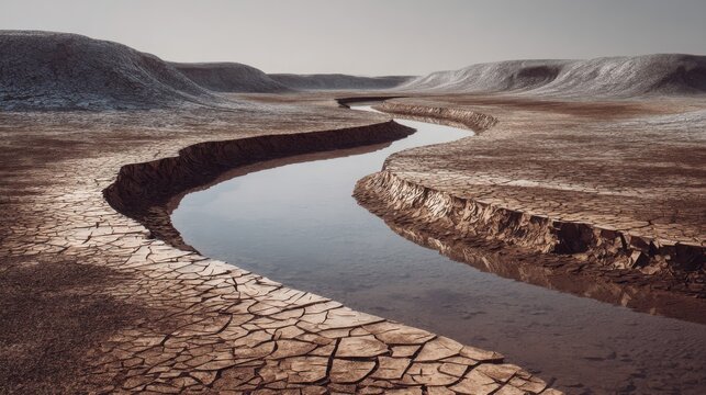A dried Martian riverbed crafted from shattered mirrors reflecting the absence of water