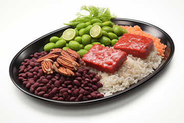 Healthy food bowl with beans, edamame, rice, and tomato sauce on a plate on white background