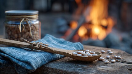 Folded napkin, wooden spoon, and canned beans beside fire