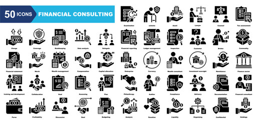 Financial Consulting icon collection set.Examination,scheme,Asset,Lawyer,Counsel,Tax assessment,Coverage.Flat icon collection.
