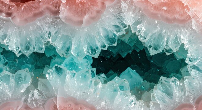 Soft pink and blue crystal geode detail showcases natural mineral formations in an abstract close-up, offering textured depth. - Powered by Adobe