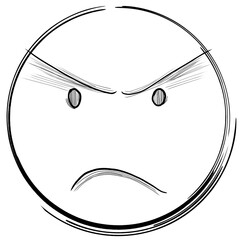 Hand-drawn angry emoji face with furrowed brows and frown in black line art on transparent background