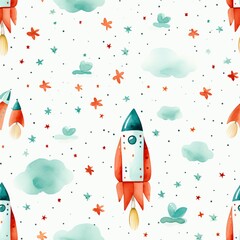 Whimsical watercolor space seamless pattern with rockets, clouds, and stars for children's textile design and nursery decor concept.