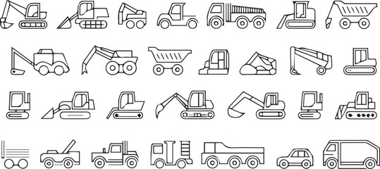 Construction vehicle line icon set. Vector pictograms of bulldozer, loader, grader, paver, roller, lowboy hauler, utility, concrete mixer, thin linear.eps