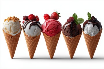 Variety of colorful ice cream cones with chocolate, berries, and mint