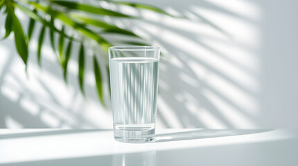 Glass of fresh water with palm leaf shadow on white background