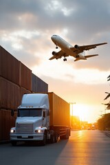 Airplane soaring over shipping containers and truck at sunrise in busy industrial area