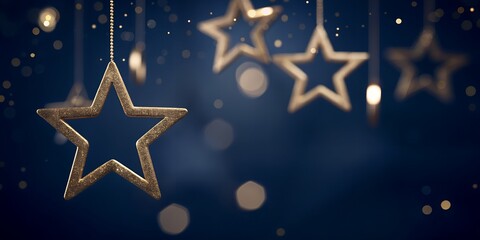 Glittering Hanging Star Ornaments with Bokeh Lights on Midnight Blue Background – Festive AI Concept