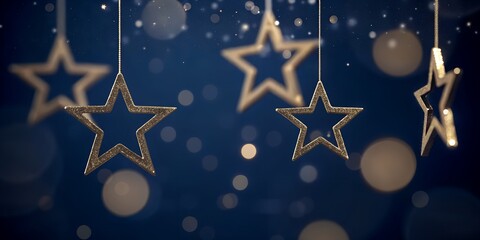 Glittering Hanging Star Ornaments with Bokeh Lights on Midnight Blue Background – Festive AI Concept
