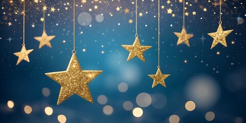 Glittering Hanging Star Ornaments with Bokeh Lights on Midnight Blue Background – Festive AI Concept