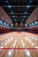 Empty basketball court with red seats and modern lighting system