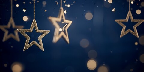 Glittering Hanging Star Ornaments with Bokeh Lights on Midnight Blue Background – Festive AI Concept