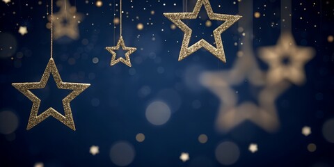 Glittering Hanging Star Ornaments with Bokeh Lights on Midnight Blue Background – Festive AI Concept