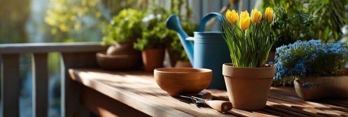 Fototapeta premium Sunny balcony garden with yellow tulips and wooden planters in springtime