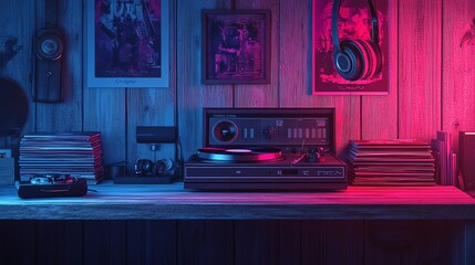 Vintage Dj Equipment with Vinyl Records and Headphones in Retro Music Room